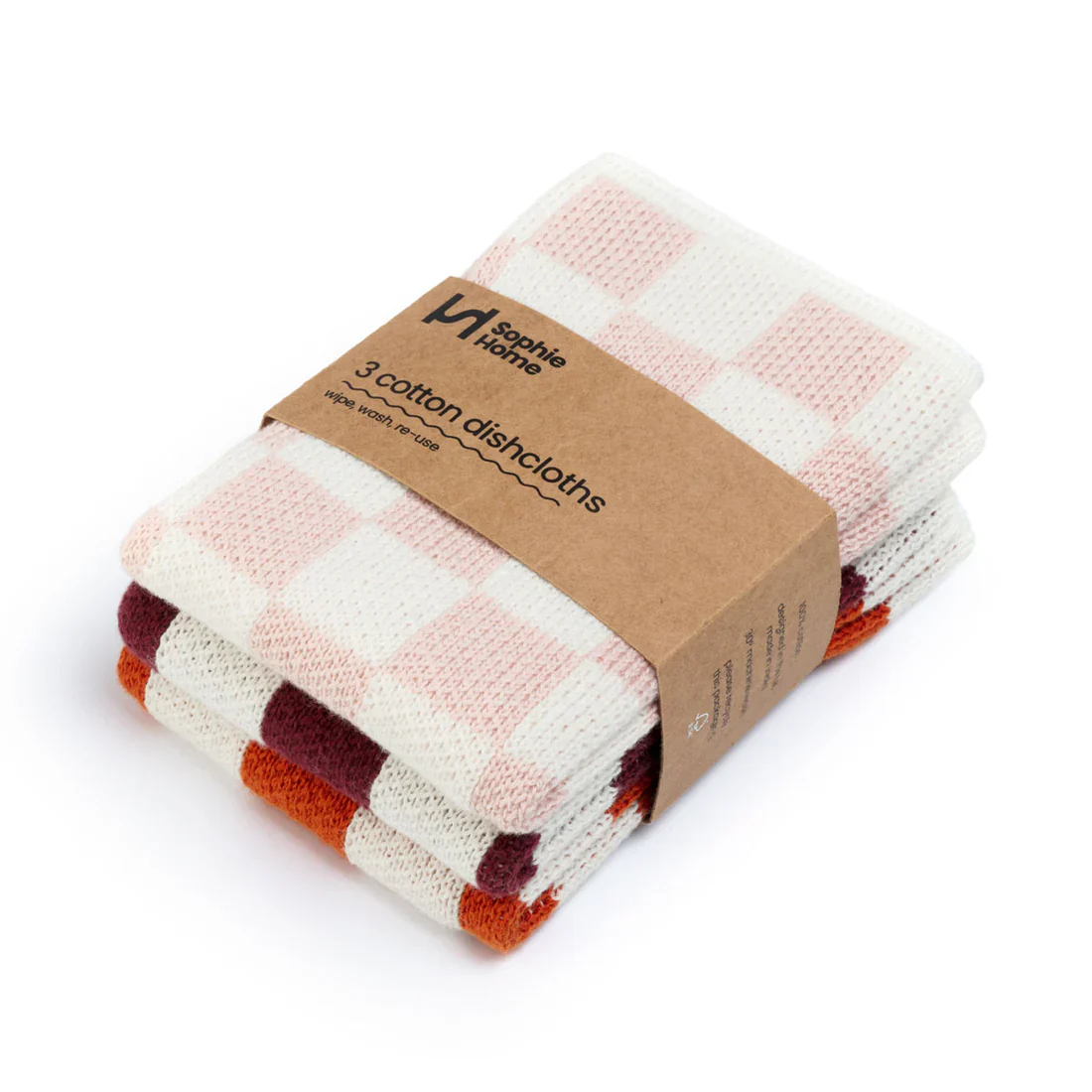 Reusable & Eco-Friendly Cotton Checked / Check Dishcloths - Pink/Burgundy/Orange, Sophie Home, 28cm x 28cm