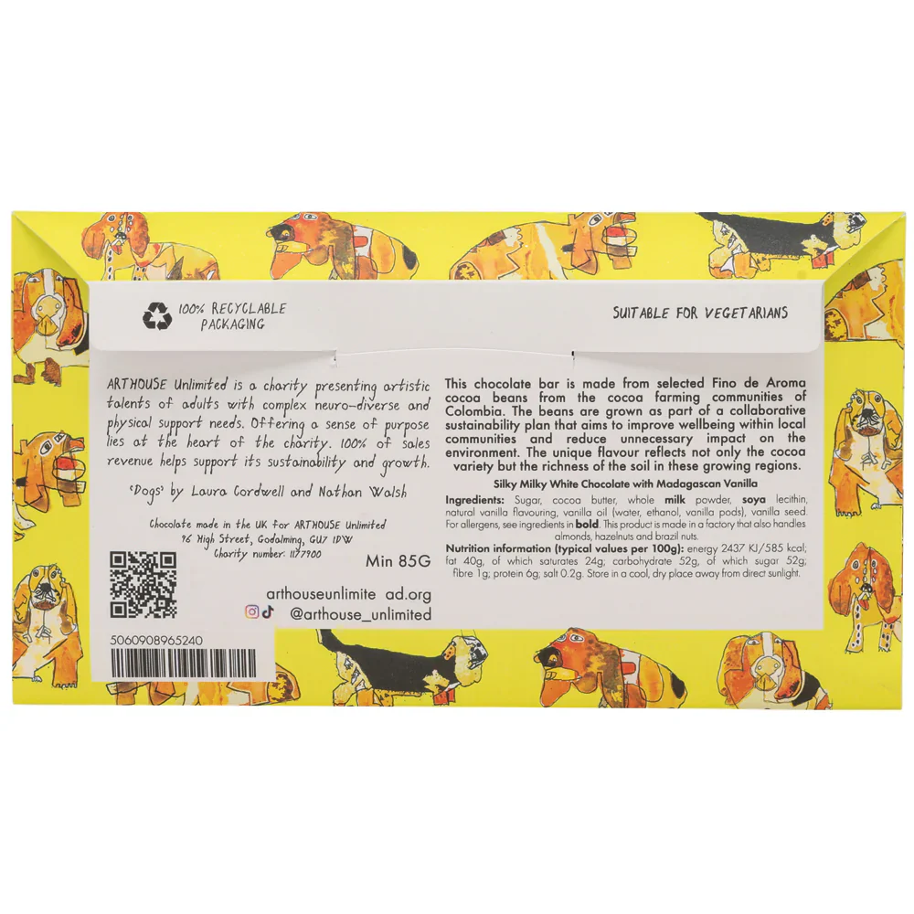 Happy Hounds, Silky Milky White Chocolate Bar with Madagascan Vanilla, Arthouse, 85g - Image 2