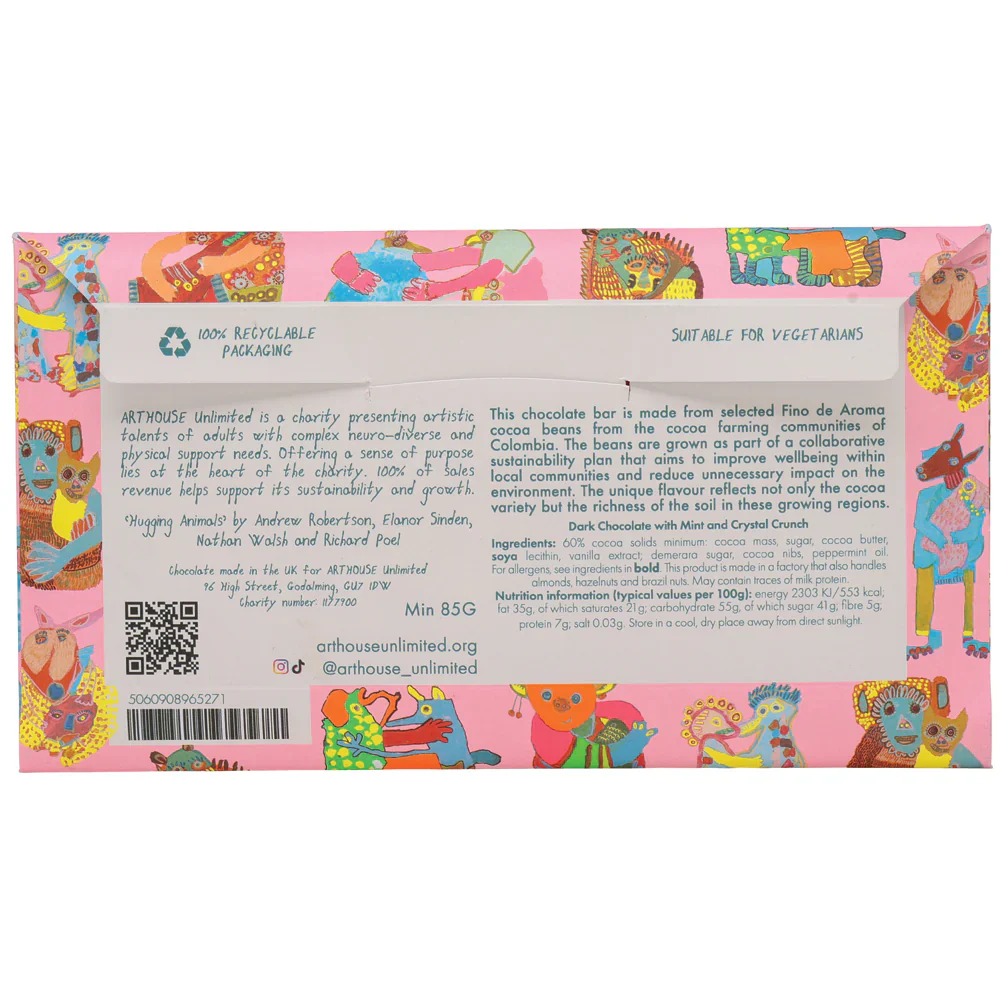 Hugging Animals, Dark Chocolate with Mint & Crystal Crunch, Arthouse, 85g - Image 6