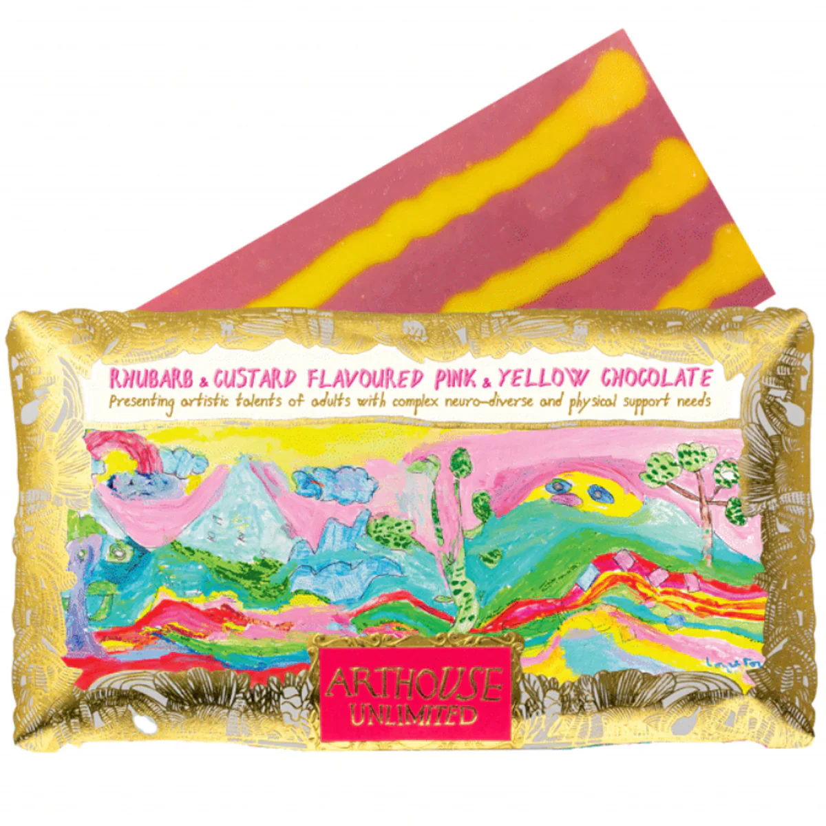 Peace, Rhubarb & Custard Flavoured Pink & Yellow Chocolate Bar, Arthouse, 85g - Image 2