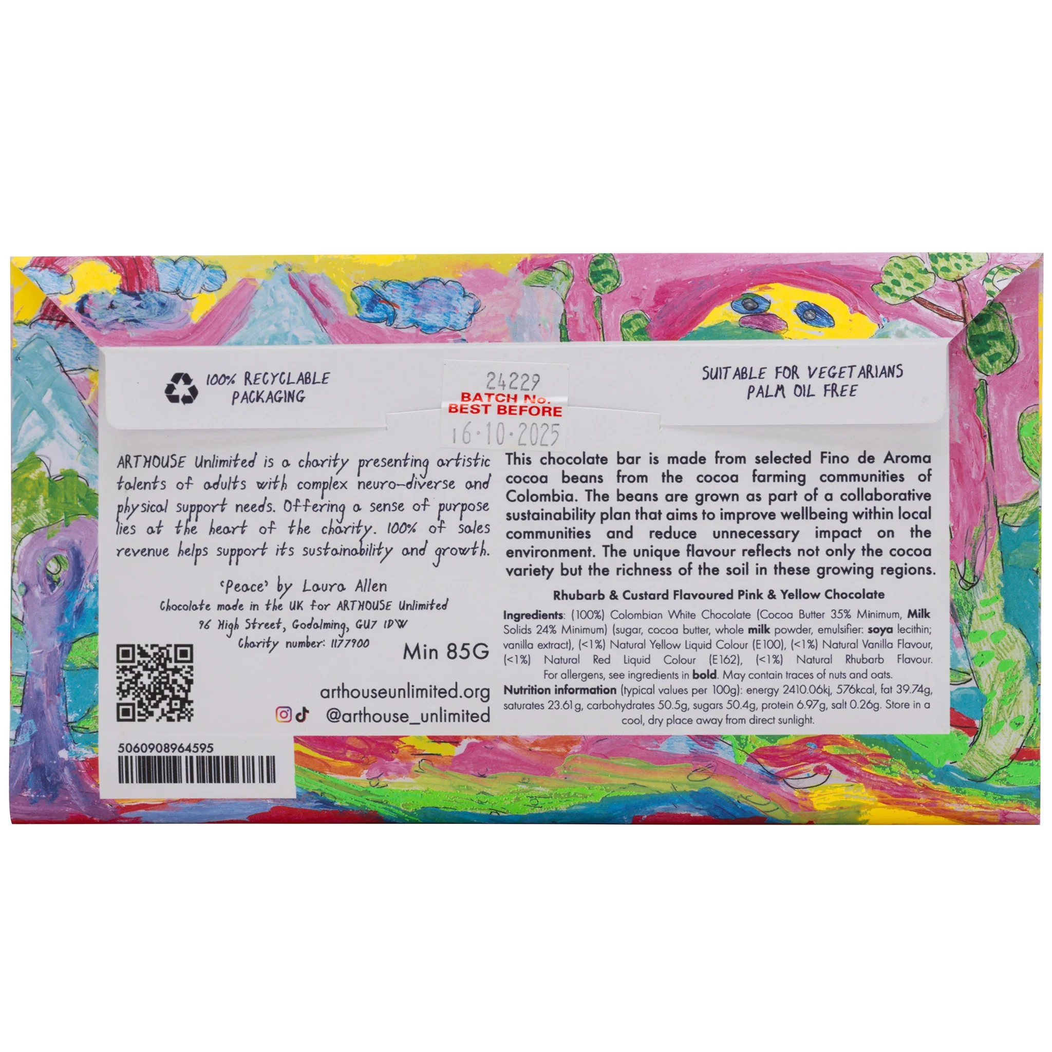 Peace, Rhubarb & Custard Flavoured Pink & Yellow Chocolate Bar, Arthouse, 85g - Image 3