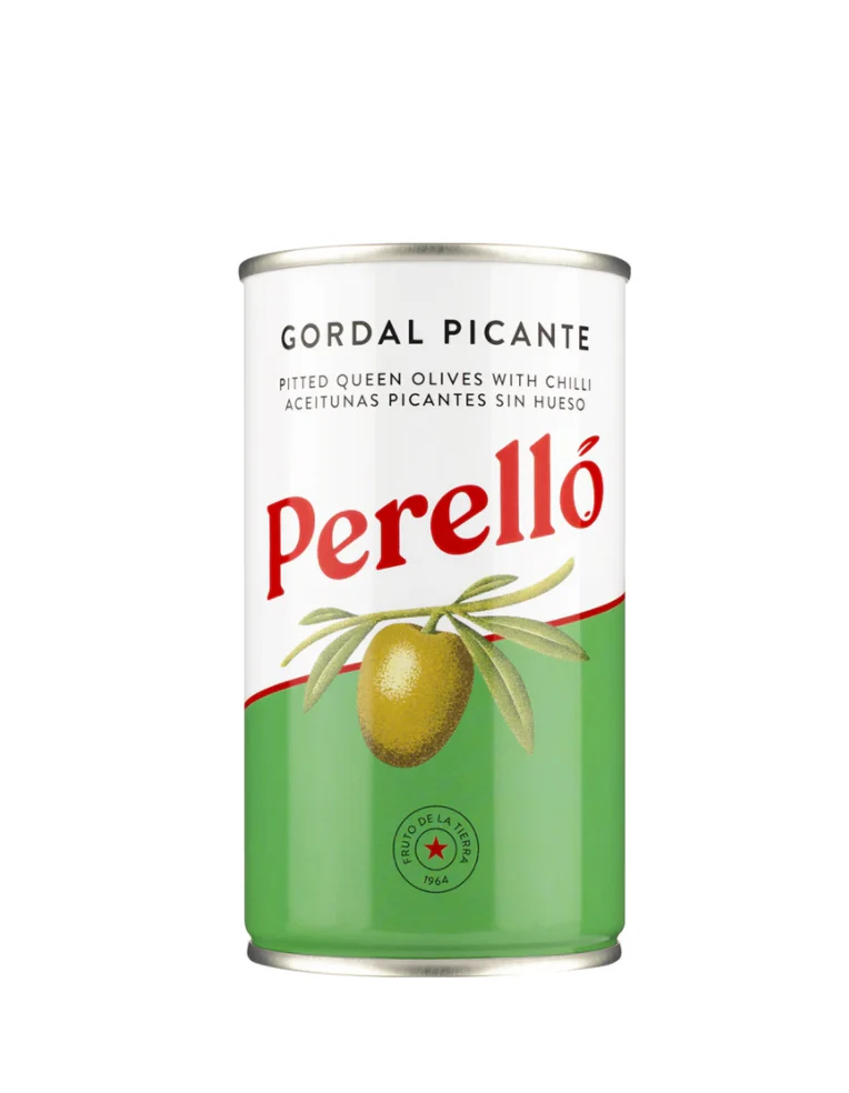 Gordal Pitted Olives with Hot Chilli, Small Tin, Perello, 350g