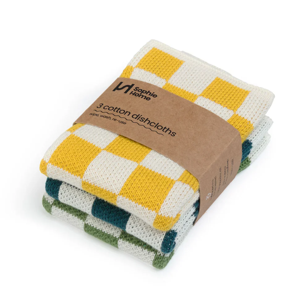Reusable & Eco-Friendly Cotton Checked / Check Dishcloths -  Citrus, Ink, Green, Sophie Home, 28cm x 28cm