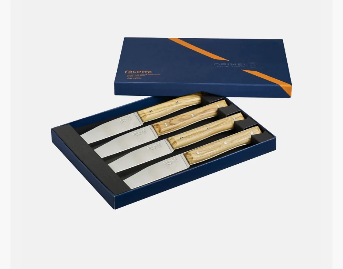 Set of 4 Facette Olive Wood table / Steak Knives, Opinel