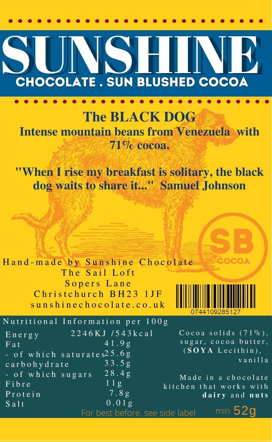 Black Dog, 71% Chocolate, Sunshine, 52g - Image 2